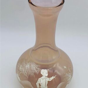 c.1880 Bohemian Pink Opalescent Glass Vase with White Hand Painted Enamel